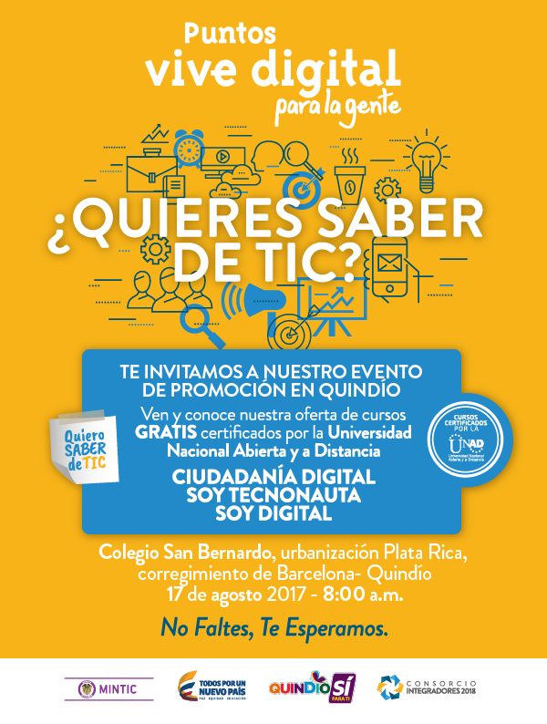 Hoy MinTIC socializará el proyecto Puntos Vive Digital Para la Gente y la campaña Quiero Saber de TIC en Barcelona Calarcá
