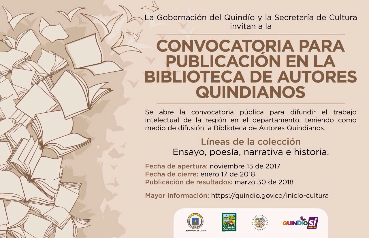 Hasta el 17 de enero de 2018 estará abierta la convocatoria de la Gobernación para publicar en la Biblioteca de Autores Quindianos