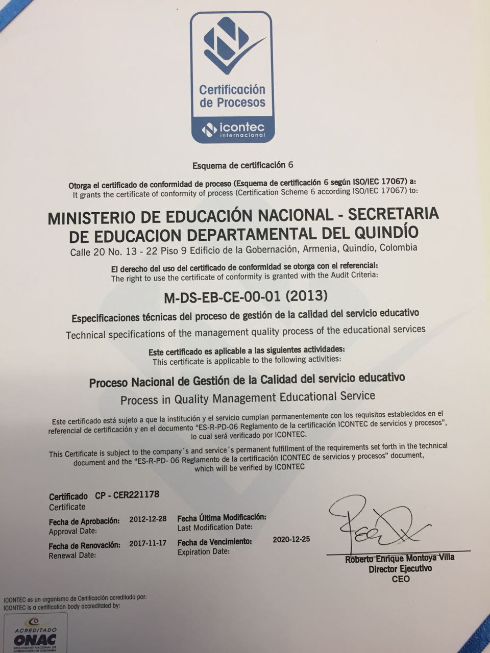 Por la calidad en servicios la Secretaría de Educación del Quindío recibió cuatro certificaciones por parte del Icontec y el Ministerio de Educación 