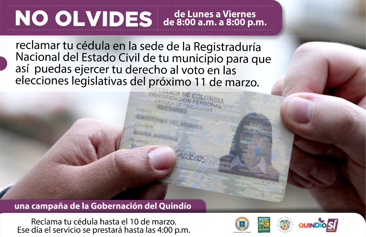 Gobierno departamental invita a los quindianos a reclamar las más de 4 mil cédulas que hay en la Registraduría del Quindío